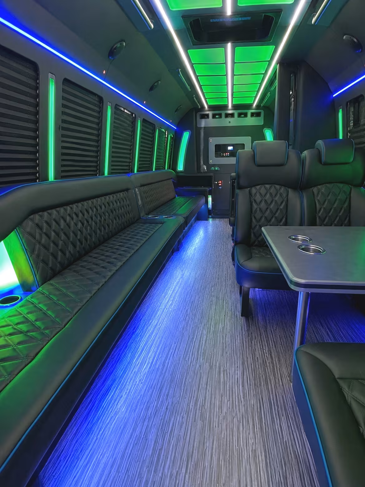 Columbus Birthday, Sweet 16, & Quinceañera Transportation party bus interior